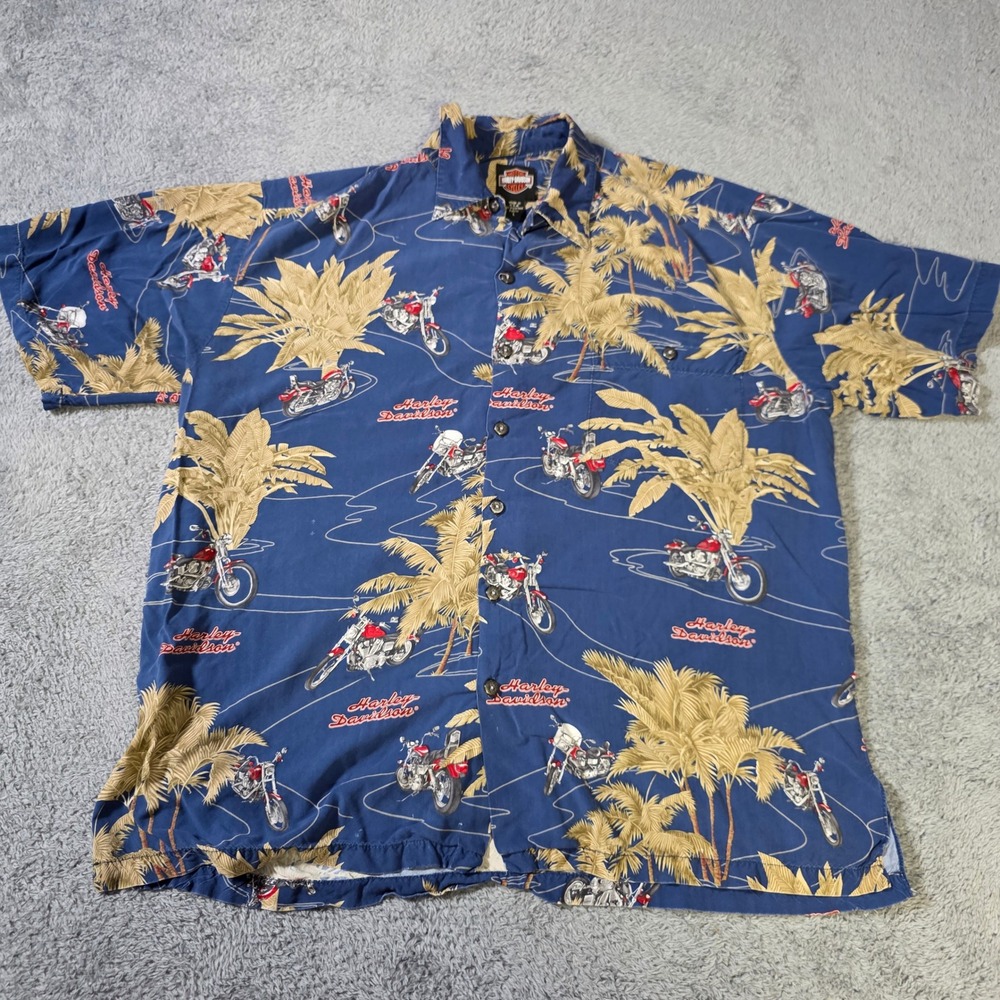 Harley Davidson Mens L Button Up Shirt Blue Tropical Motorcycle Aloha Tori Rich